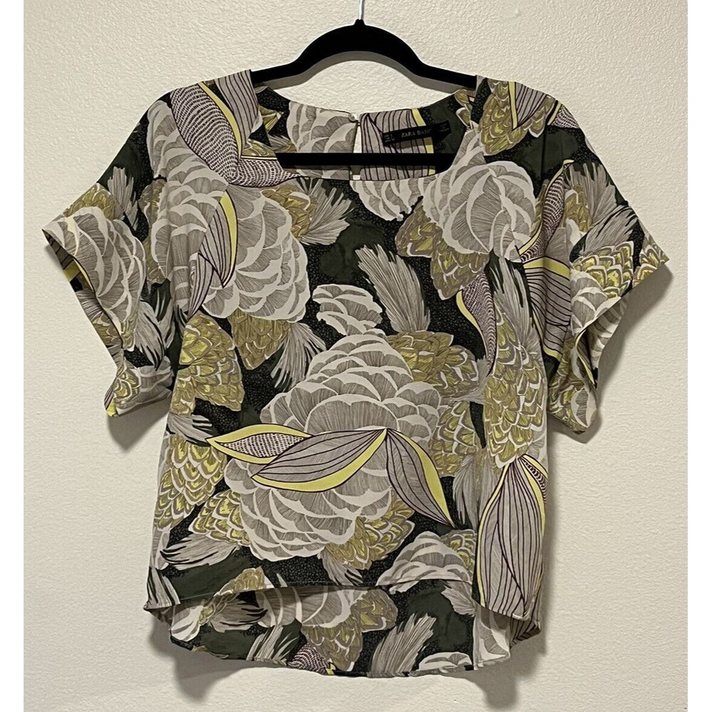 Zara Floral Top Green Cream Size Large High Low Hem Contemporary Classic